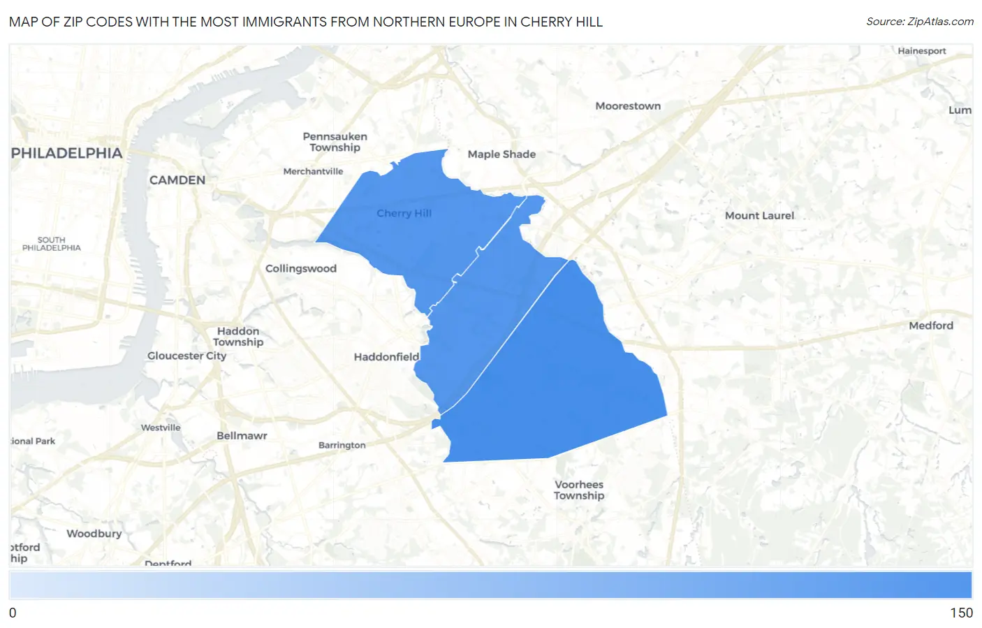 Zip Codes with the Most Immigrants from Northern Europe in Cherry Hill Map