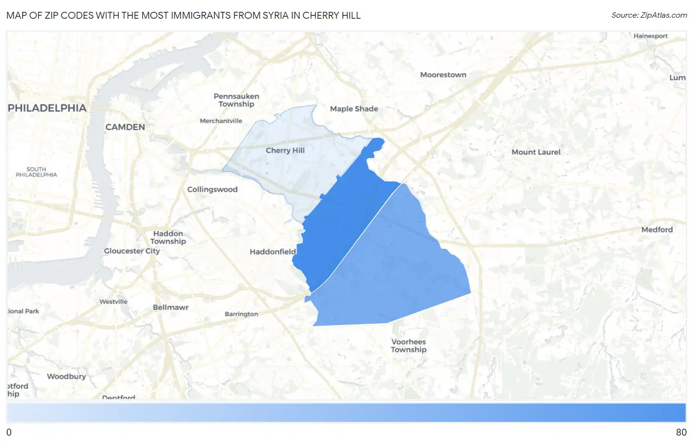 Zip Codes with the Most Immigrants from Syria in Cherry Hill Map