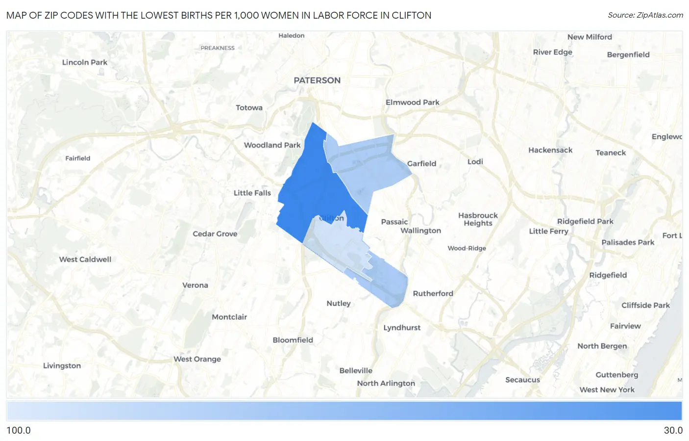 Zip Codes with the Lowest Births per 1,000 Women in Labor Force in Clifton Map