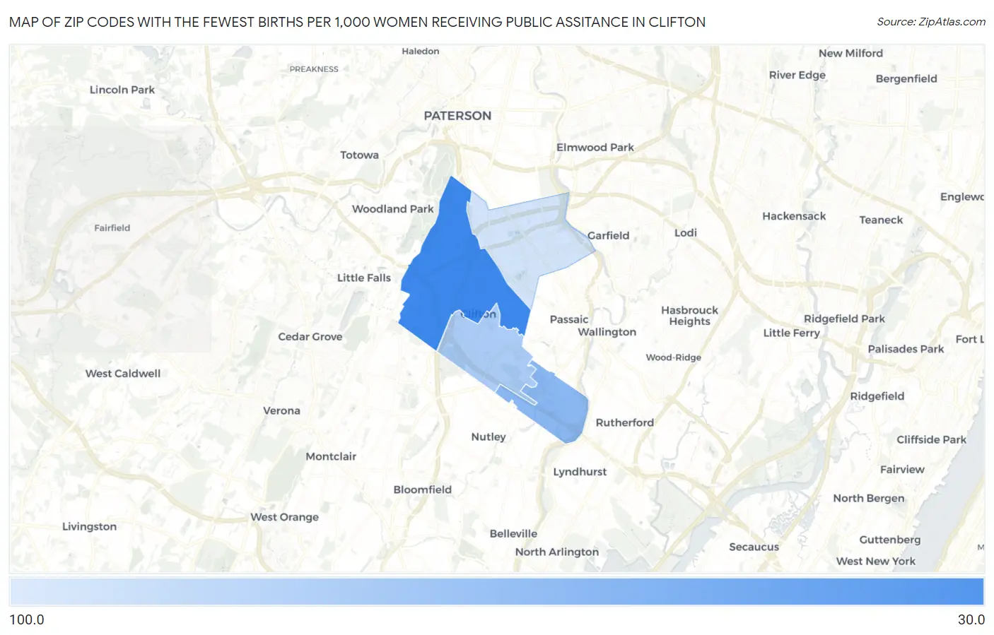 Zip Codes with the Fewest Births per 1,000 Women Receiving Public Assitance in Clifton Map