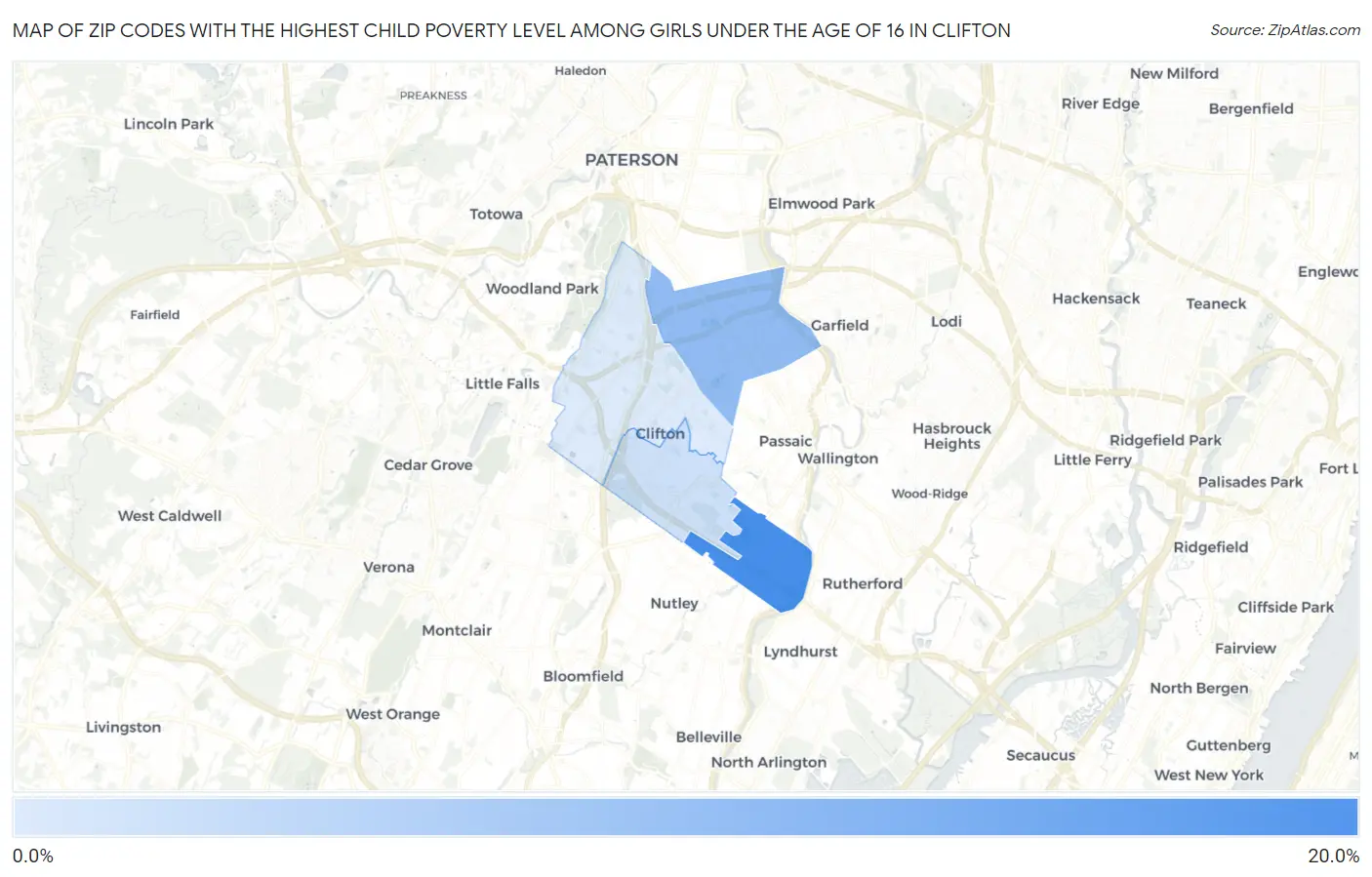 Zip Codes with the Highest Child Poverty Level Among Girls Under the Age of 16 in Clifton Map