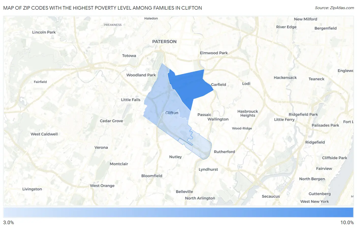 Zip Codes with the Highest Poverty Level Among Families in Clifton Map