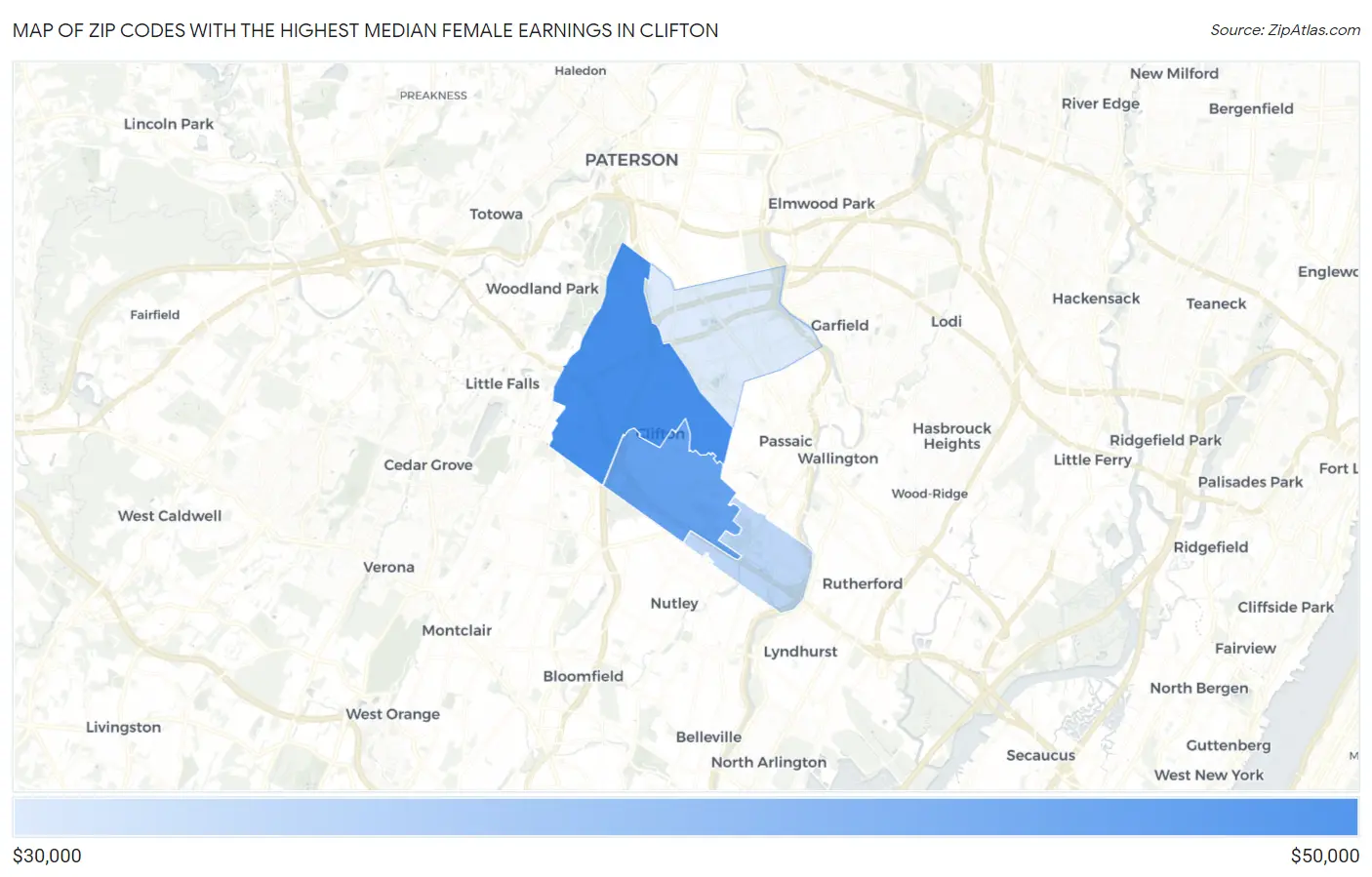 Zip Codes with the Highest Median Female Earnings in Clifton Map