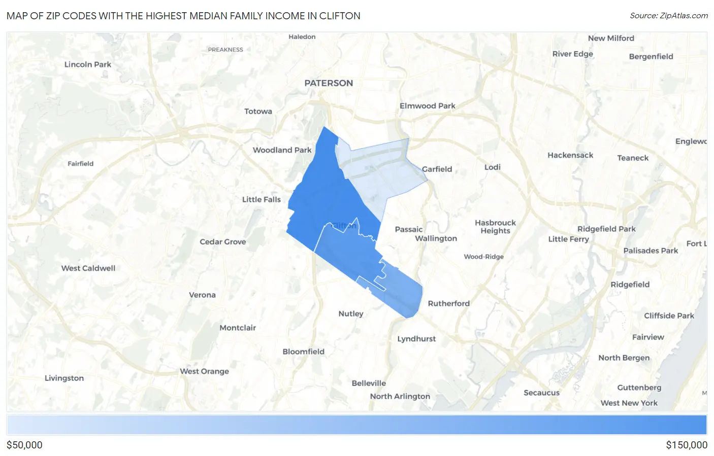 Zip Codes with the Highest Median Family Income in Clifton Map