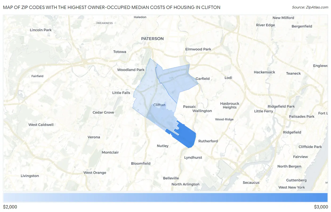Zip Codes with the Highest Owner-Occupied Median Costs of Housing in Clifton Map