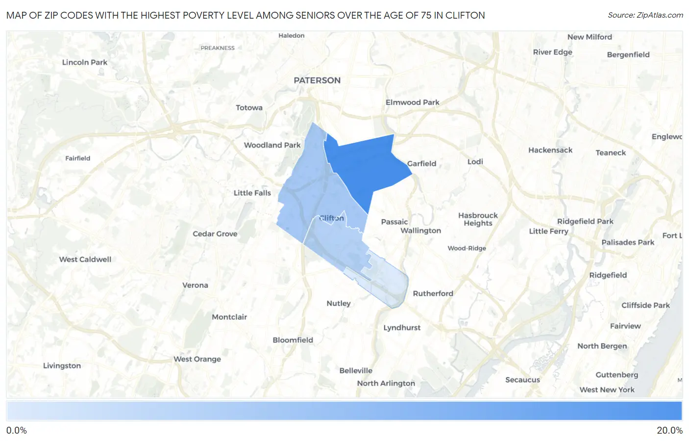 Zip Codes with the Highest Poverty Level Among Seniors Over the Age of 75 in Clifton Map