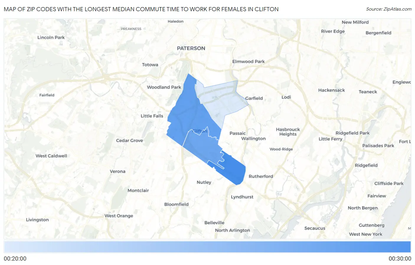 Zip Codes with the Longest Median Commute Time to Work for Females in Clifton Map