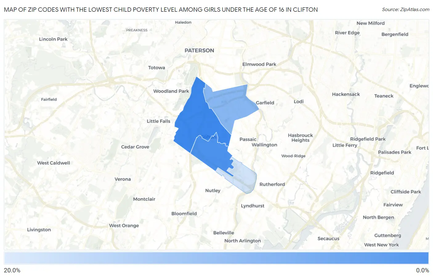 Zip Codes with the Lowest Child Poverty Level Among Girls Under the Age of 16 in Clifton Map