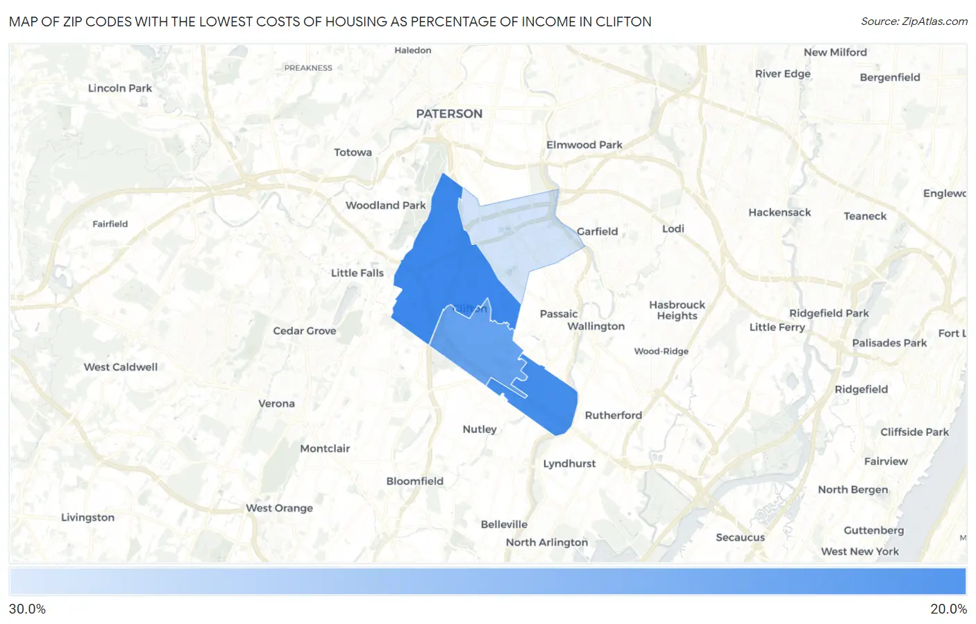 Zip Codes with the Lowest Costs of Housing as Percentage of Income in Clifton Map