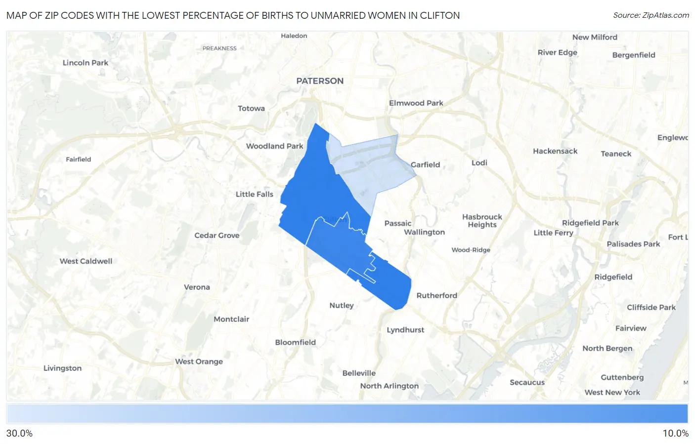 Zip Codes with the Lowest Percentage of Births to Unmarried Women in Clifton Map