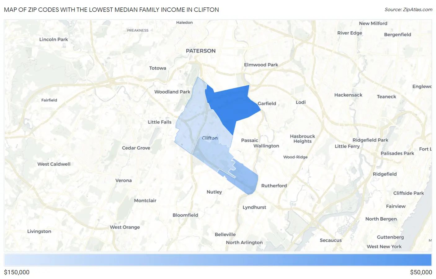 Zip Codes with the Lowest Median Family Income in Clifton Map