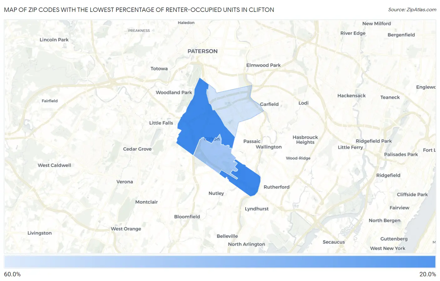 Zip Codes with the Lowest Percentage of Renter-Occupied Units in Clifton Map