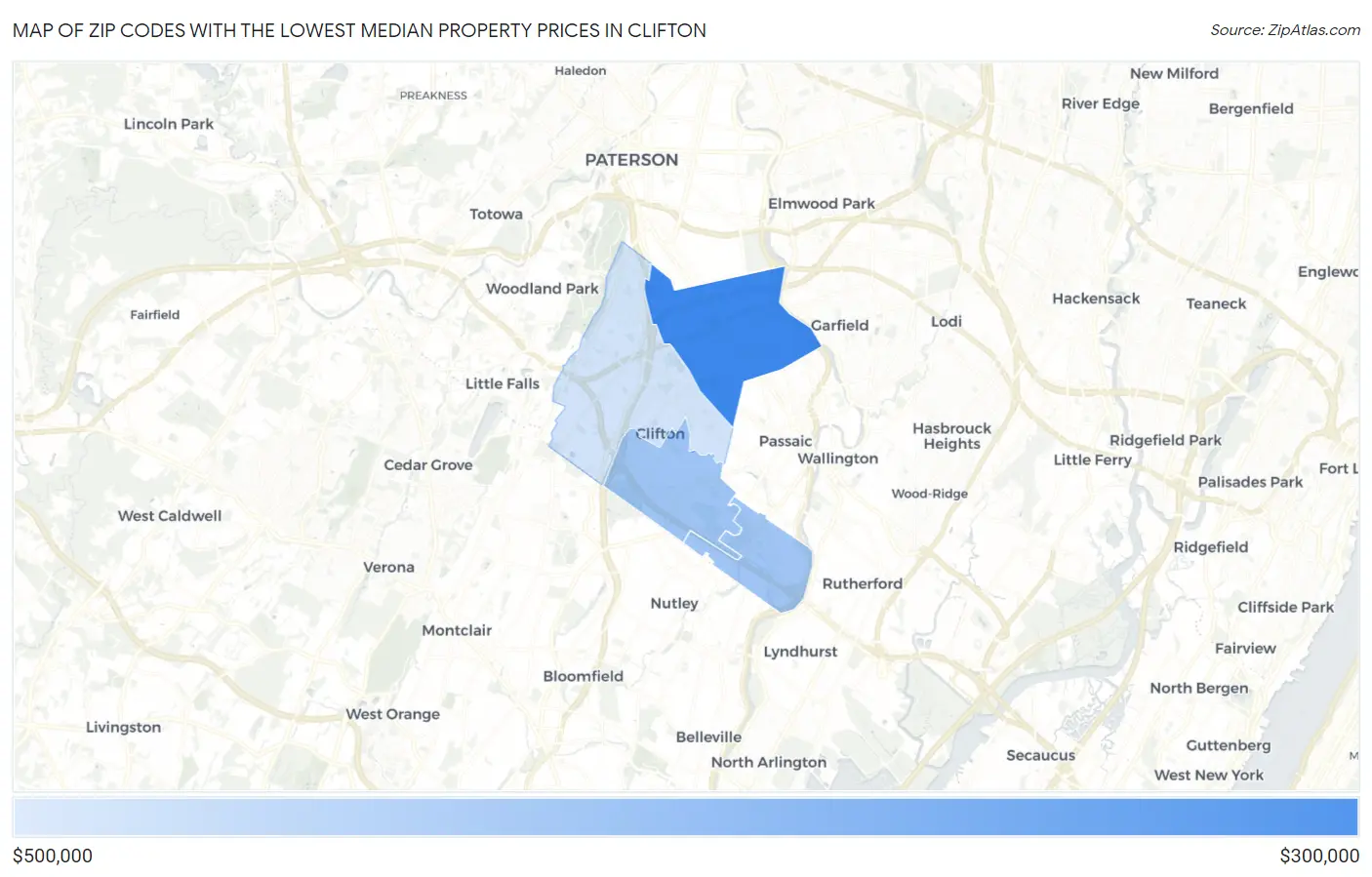 Zip Codes with the Lowest Median Property Prices in Clifton Map