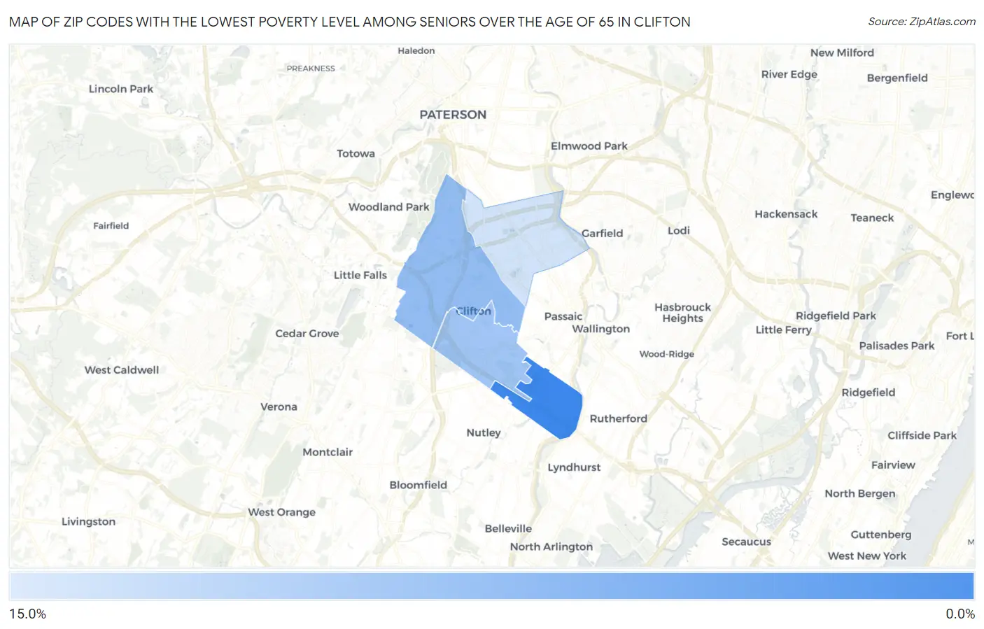 Zip Codes with the Lowest Poverty Level Among Seniors Over the Age of 65 in Clifton Map