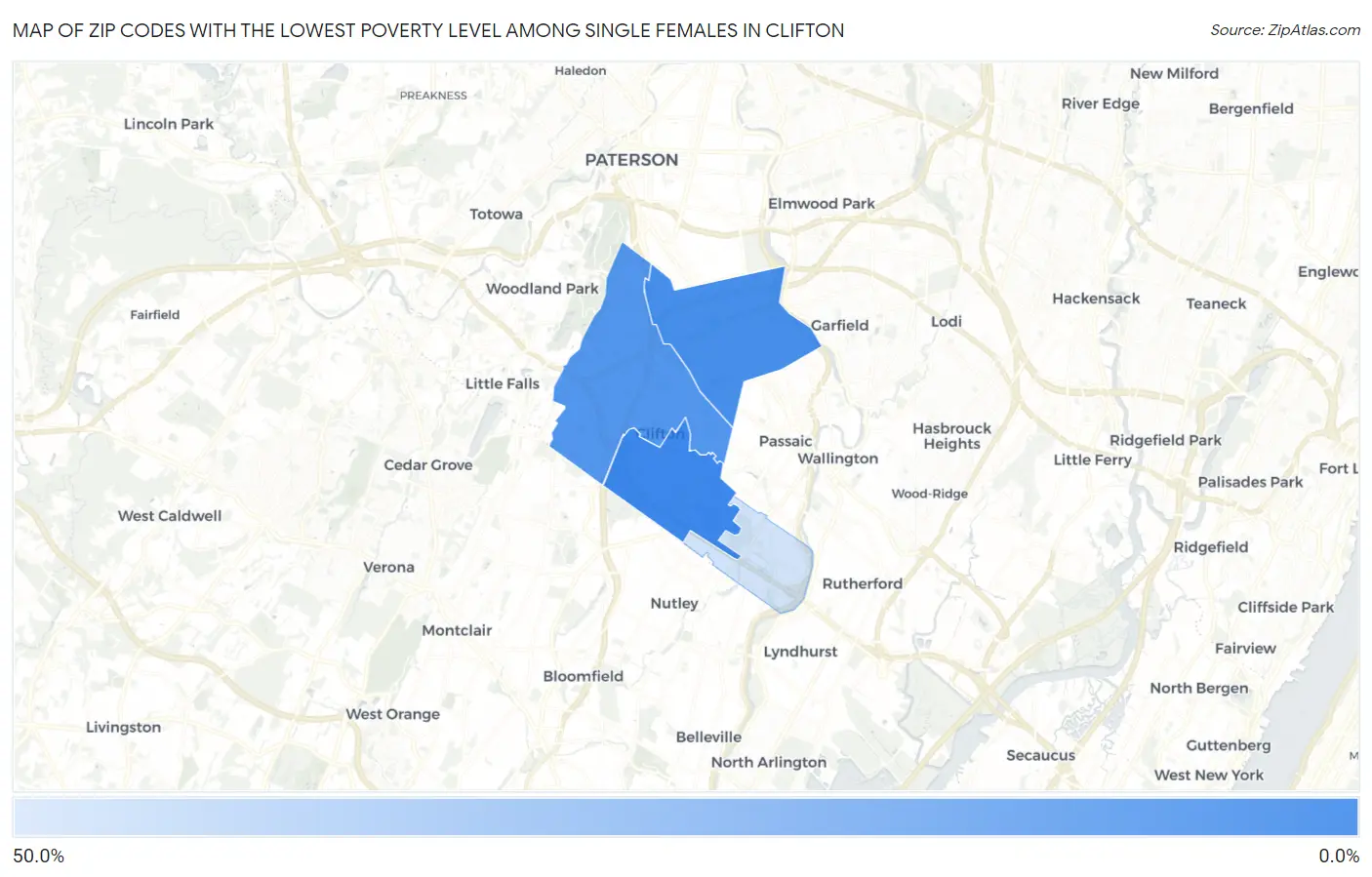 Zip Codes with the Lowest Poverty Level Among Single Females in Clifton Map