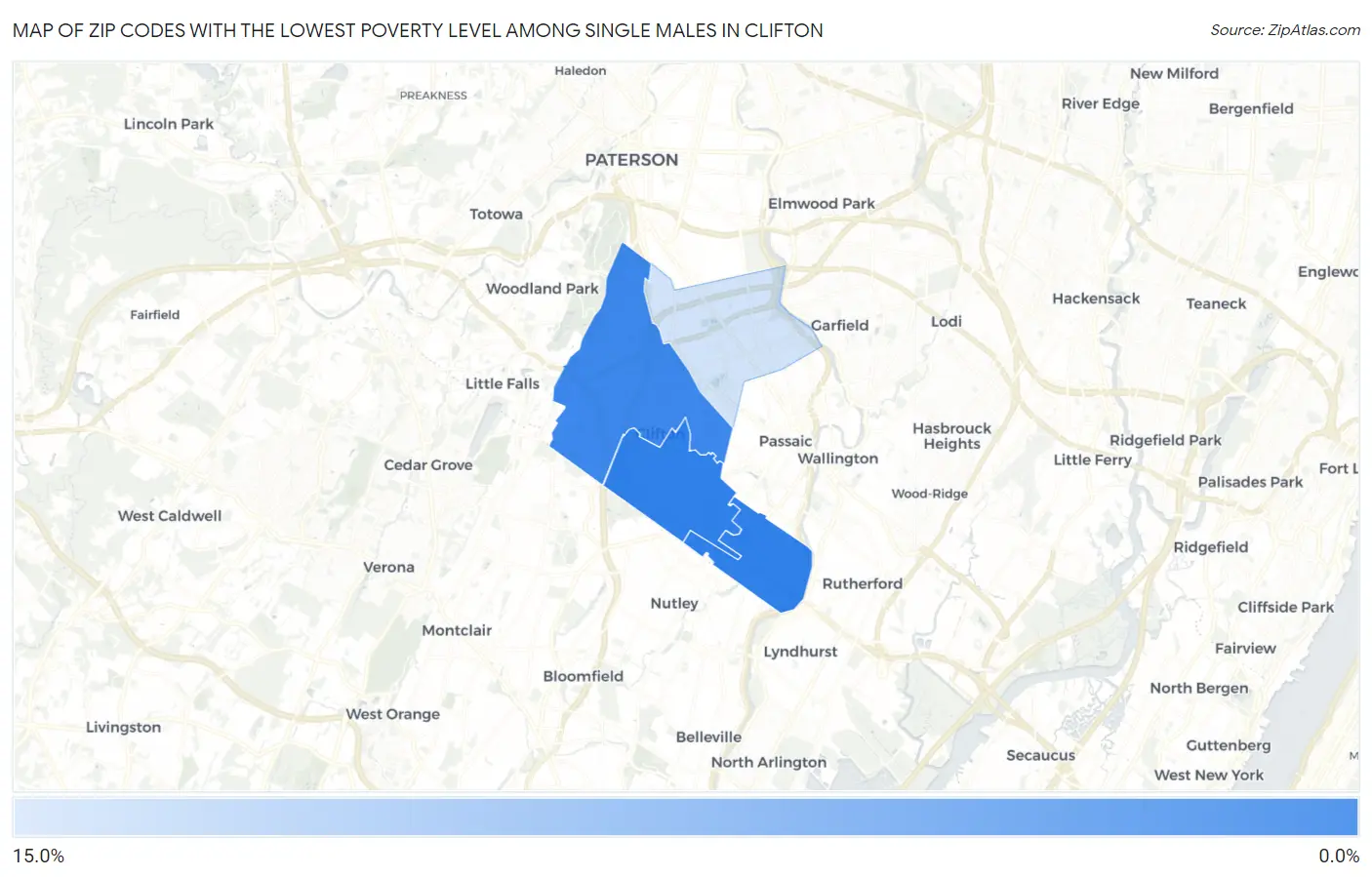 Zip Codes with the Lowest Poverty Level Among Single Males in Clifton Map