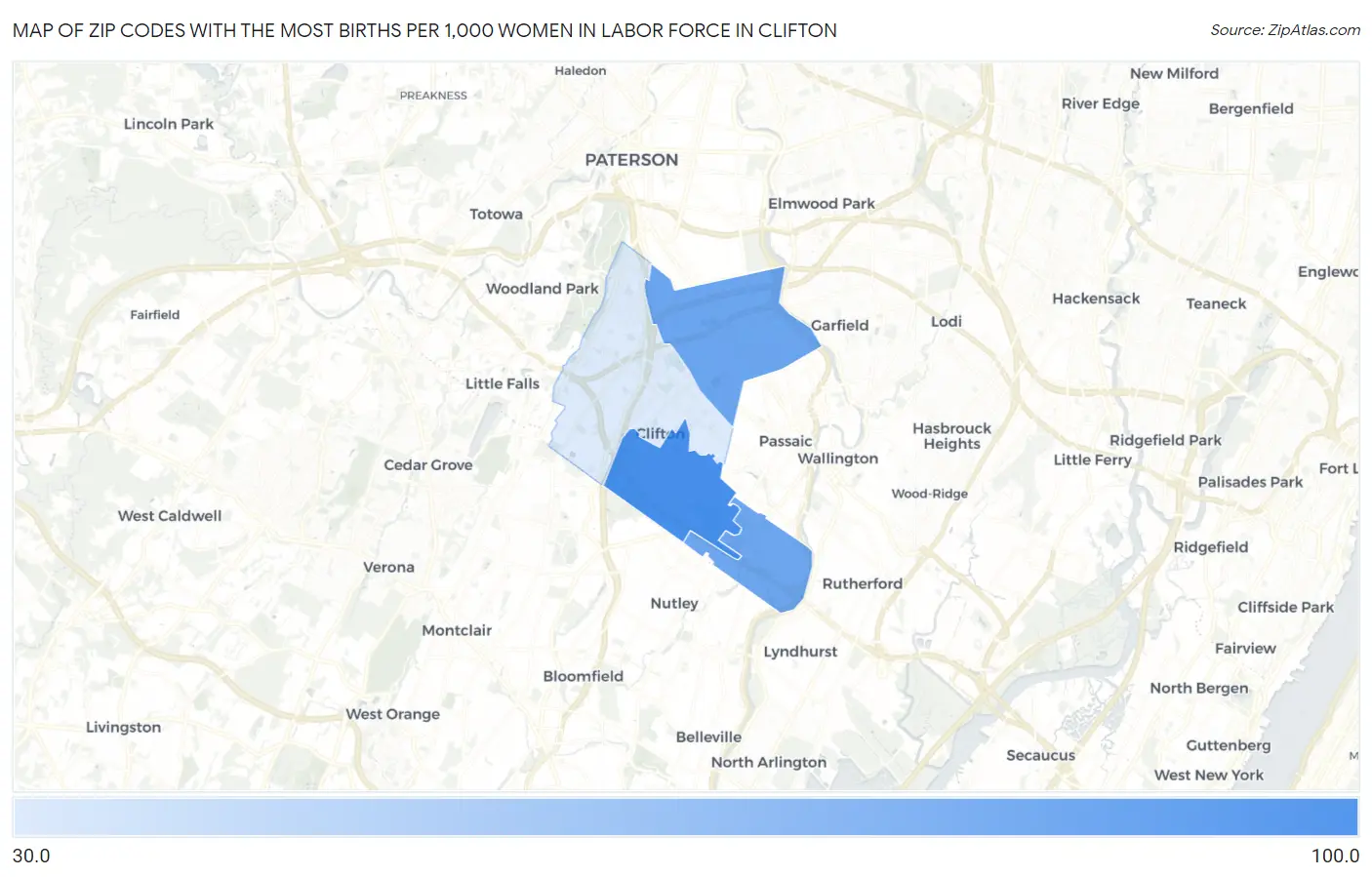 Zip Codes with the Most Births per 1,000 Women in Labor Force in Clifton Map