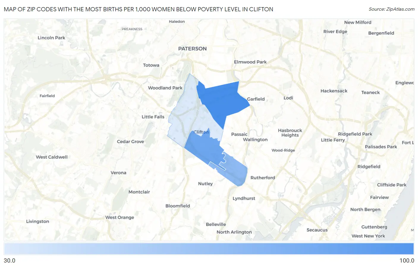 Zip Codes with the Most Births per 1,000 Women Below Poverty Level in Clifton Map