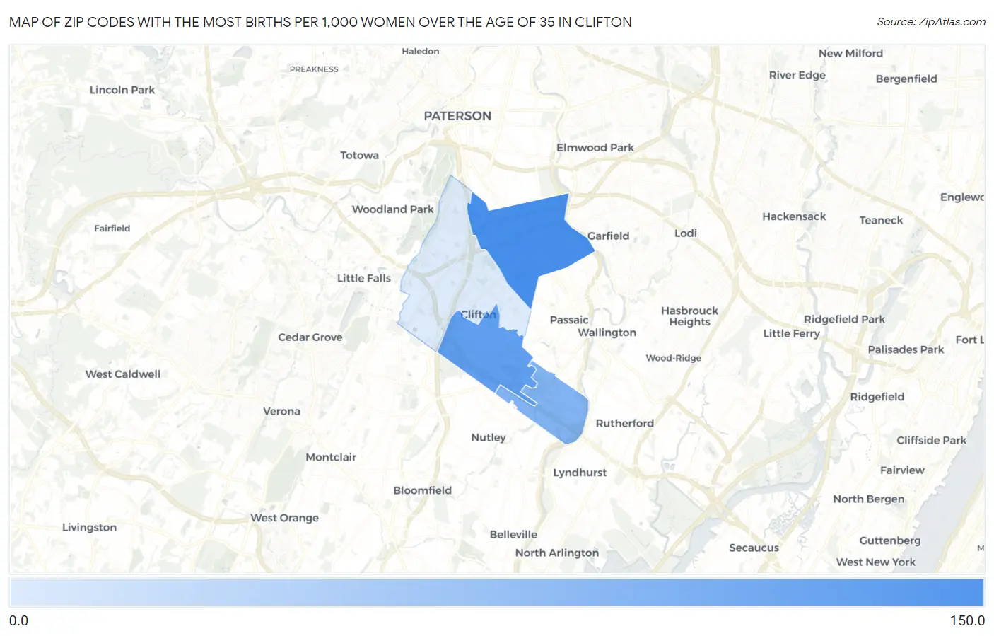 Zip Codes with the Most Births per 1,000 Women Over the Age of 35 in Clifton Map