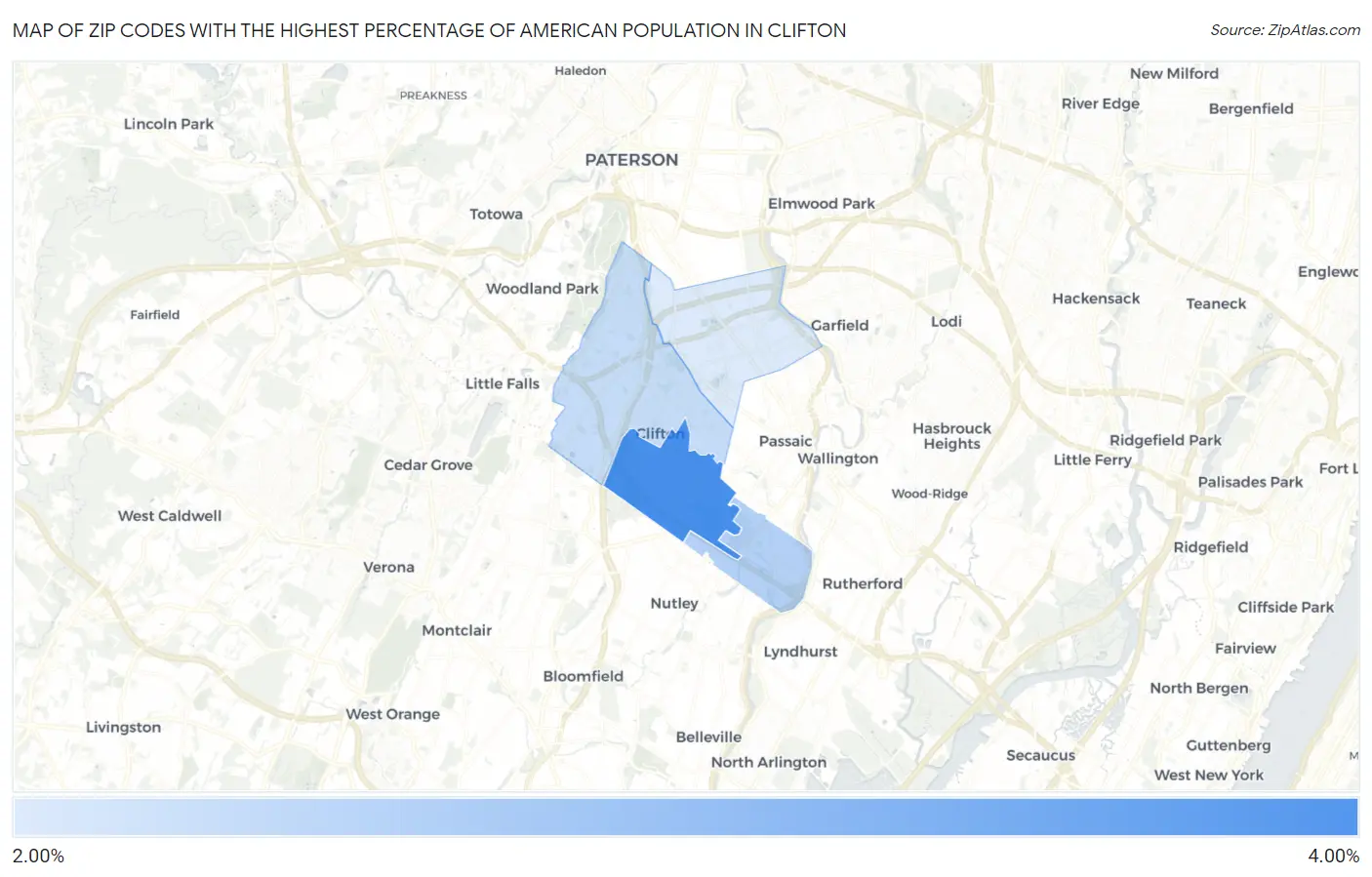 Zip Codes with the Highest Percentage of American Population in Clifton Map