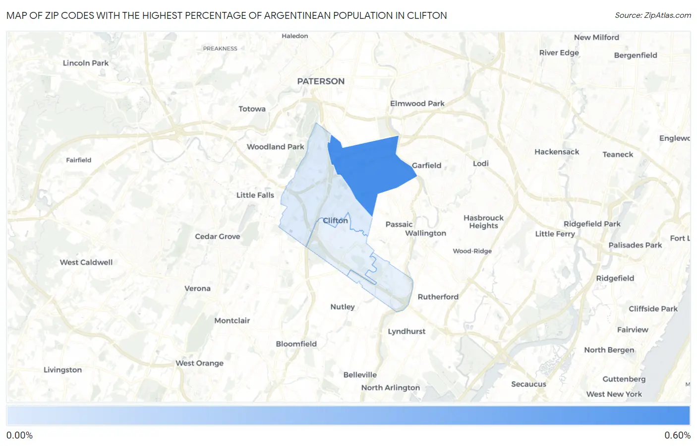 Zip Codes with the Highest Percentage of Argentinean Population in Clifton Map
