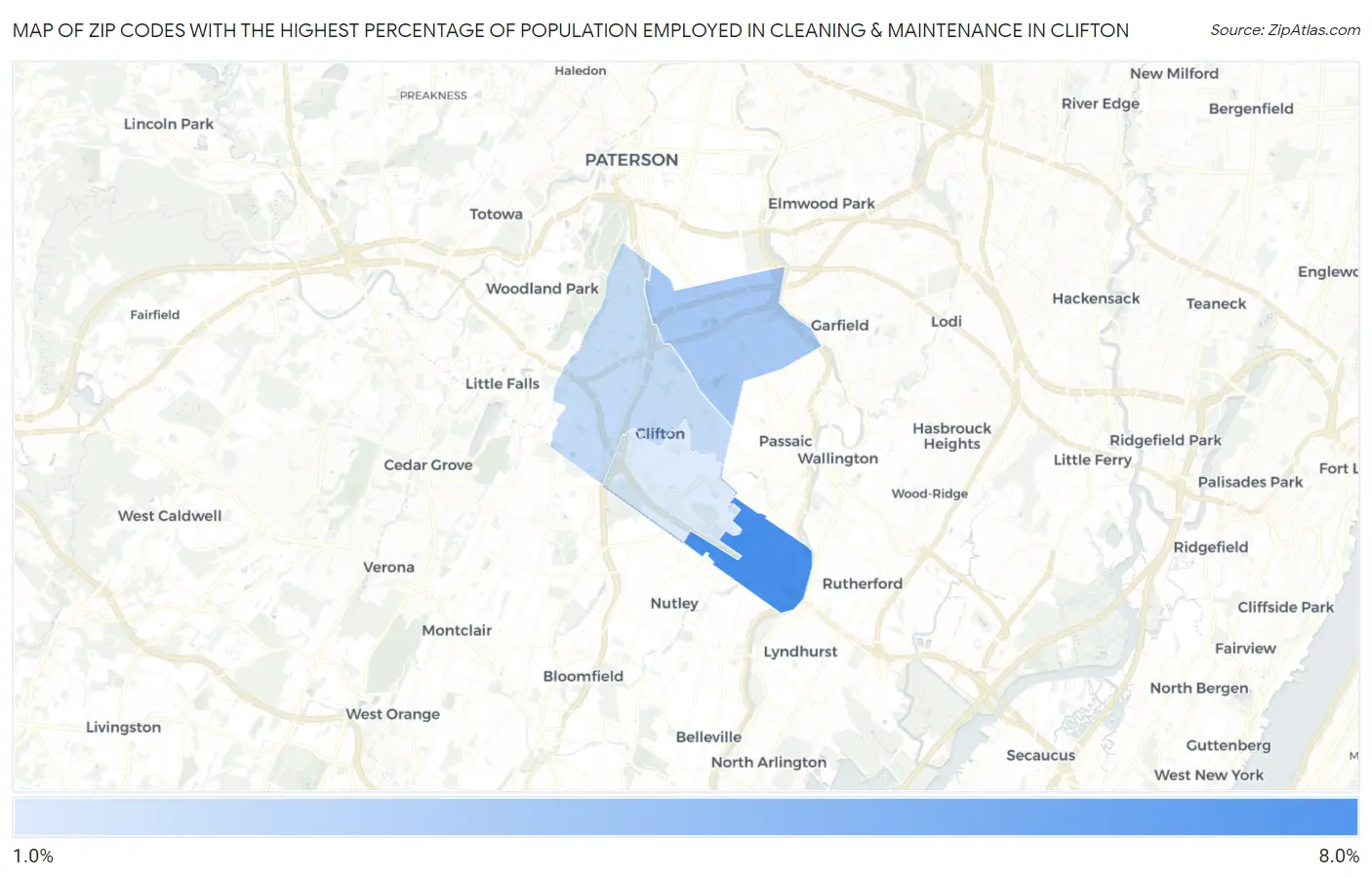 Zip Codes with the Highest Percentage of Population Employed in Cleaning & Maintenance in Clifton Map