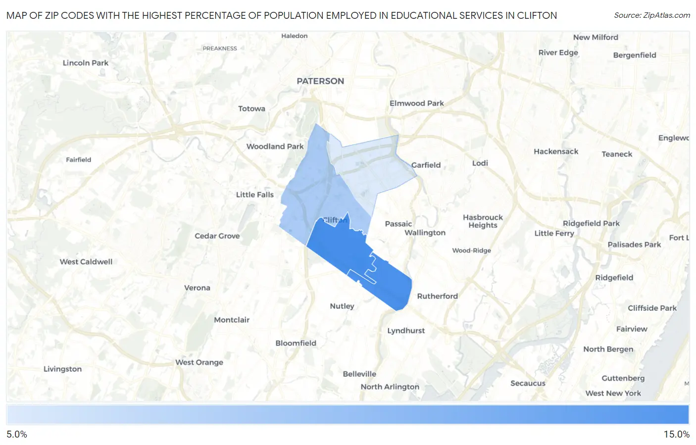 Zip Codes with the Highest Percentage of Population Employed in Educational Services in Clifton Map