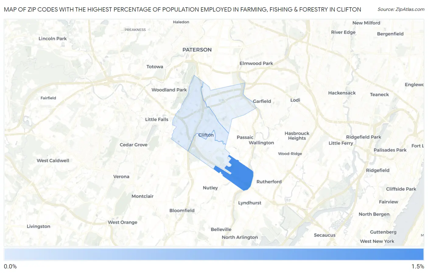 Zip Codes with the Highest Percentage of Population Employed in Farming, Fishing & Forestry in Clifton Map