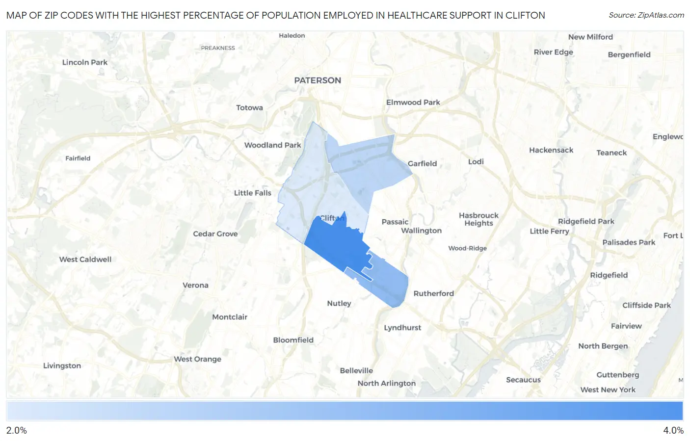 Zip Codes with the Highest Percentage of Population Employed in Healthcare Support in Clifton Map