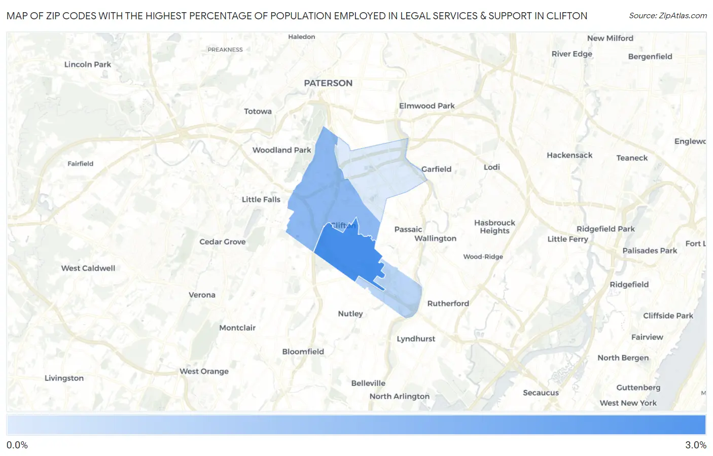 Zip Codes with the Highest Percentage of Population Employed in Legal Services & Support in Clifton Map