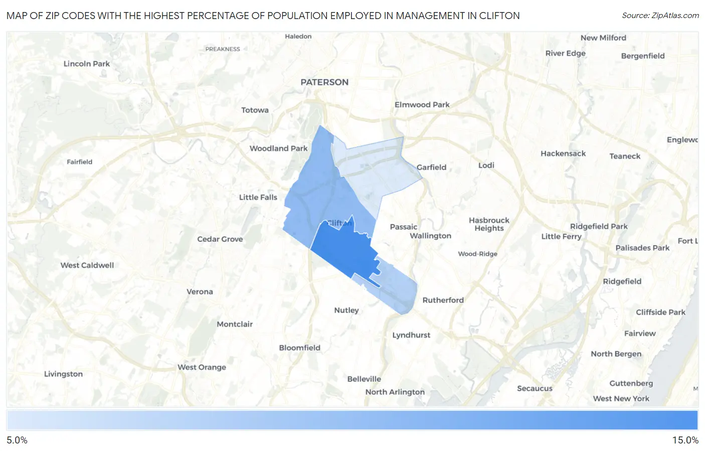 Zip Codes with the Highest Percentage of Population Employed in Management in Clifton Map