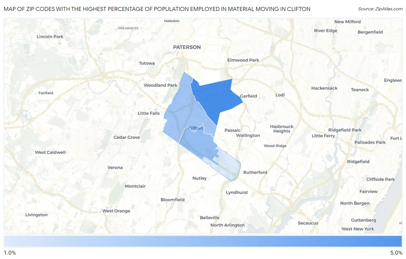 Zip Codes with the Highest Percentage of Population Employed in Material Moving in Clifton Map
