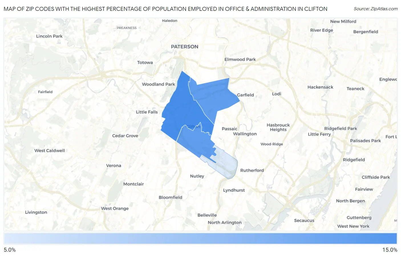 Zip Codes with the Highest Percentage of Population Employed in Office & Administration in Clifton Map