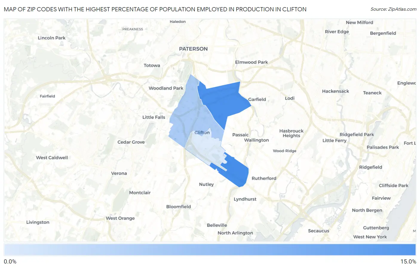 Zip Codes with the Highest Percentage of Population Employed in Production in Clifton Map