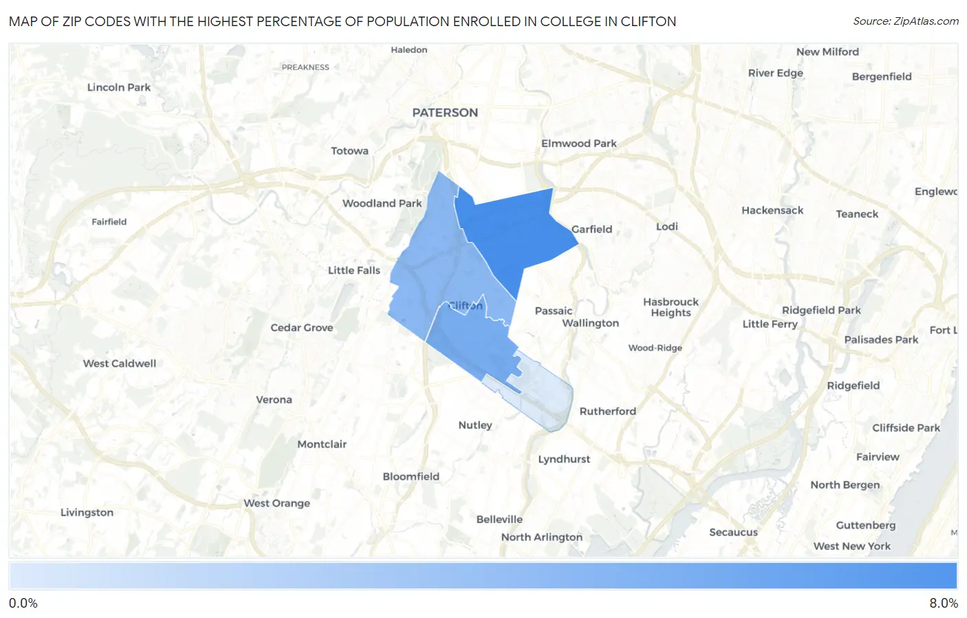 Zip Codes with the Highest Percentage of Population Enrolled in College in Clifton Map