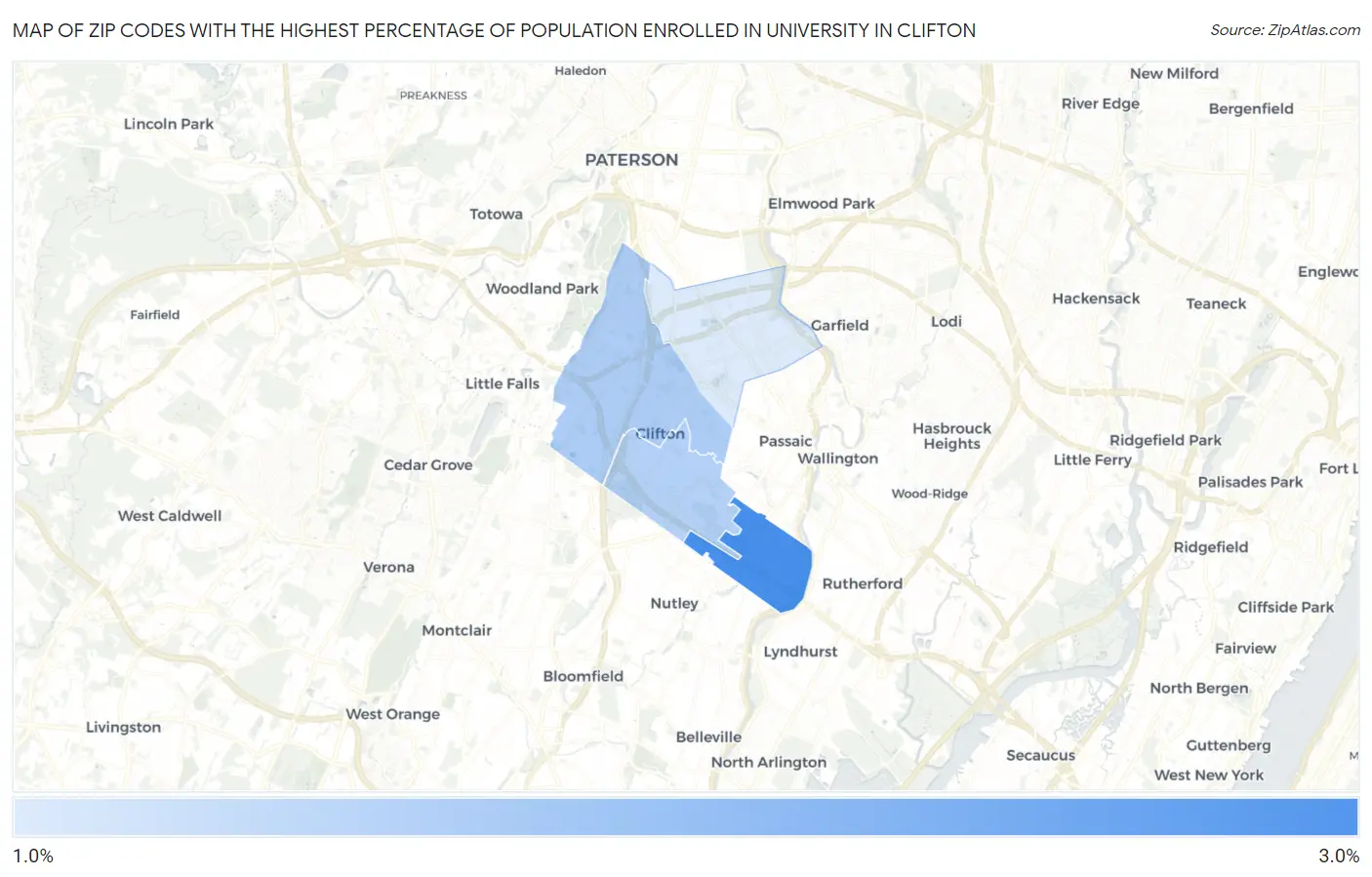 Zip Codes with the Highest Percentage of Population Enrolled in University in Clifton Map