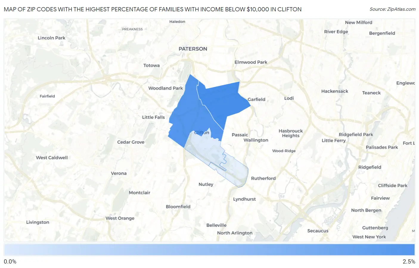 Zip Codes with the Highest Percentage of Families with Income Below $10,000 in Clifton Map