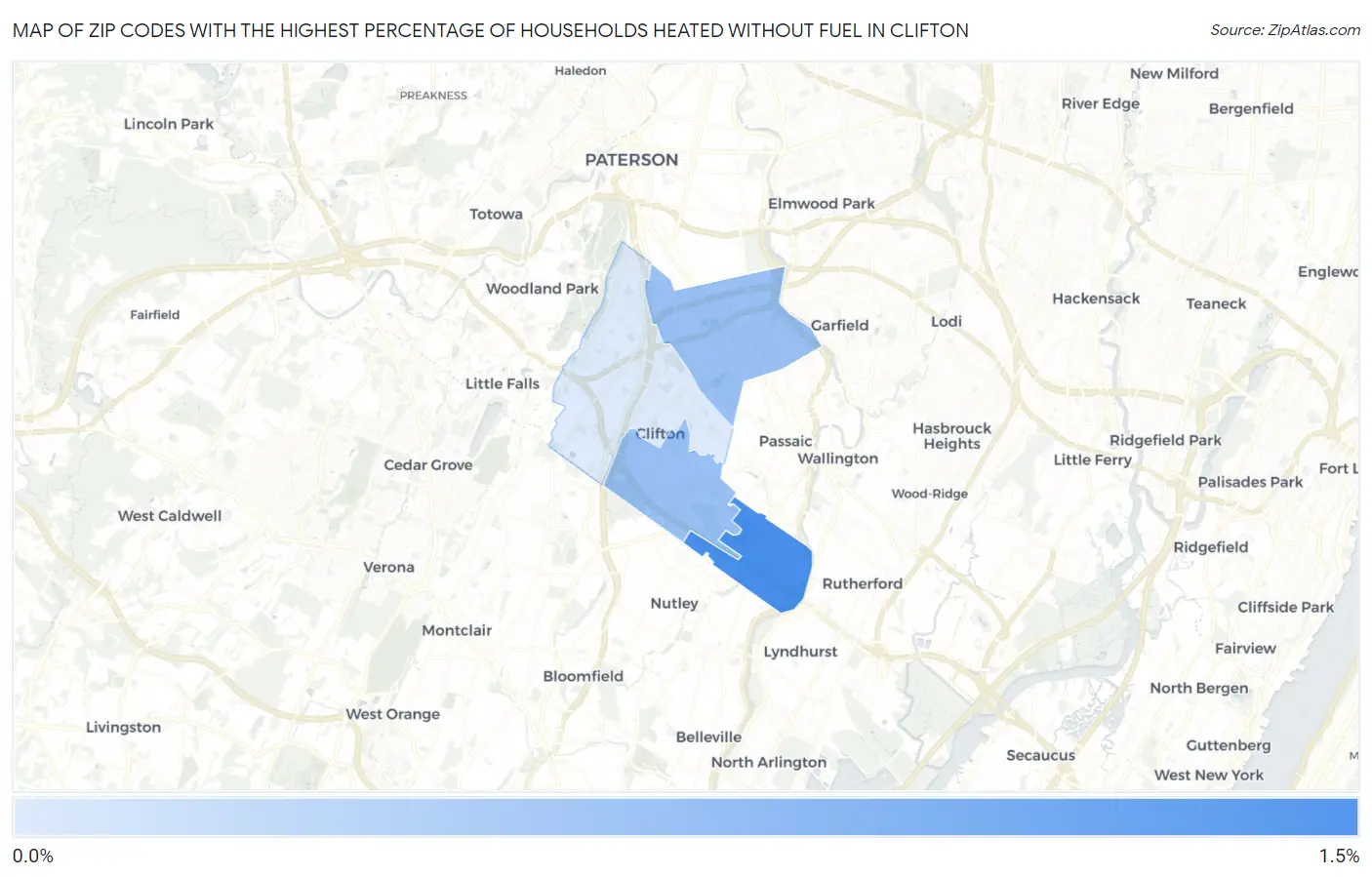 Zip Codes with the Highest Percentage of Households Heated without Fuel in Clifton Map