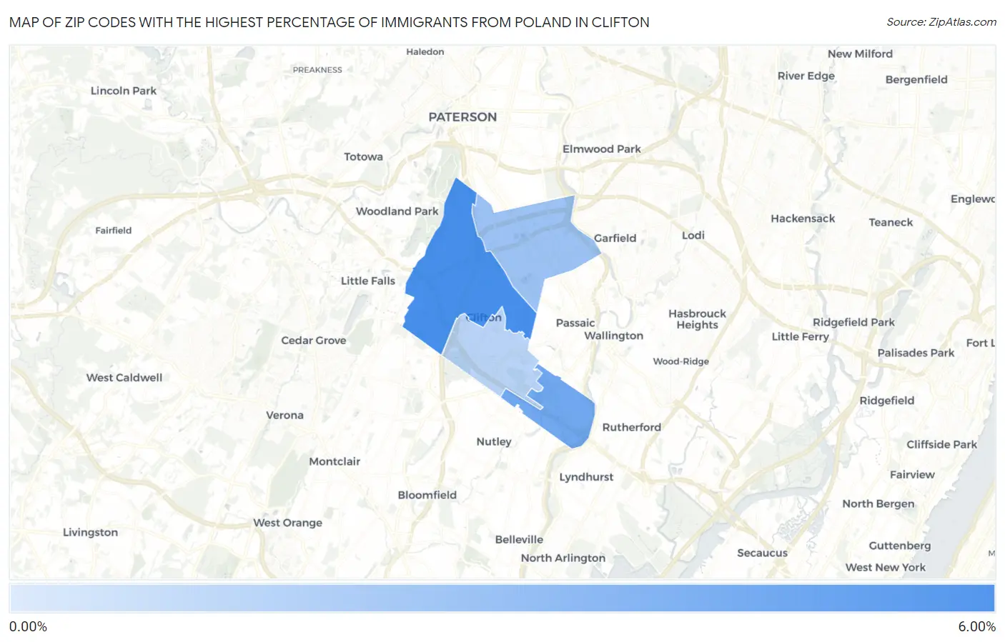Zip Codes with the Highest Percentage of Immigrants from Poland in Clifton Map