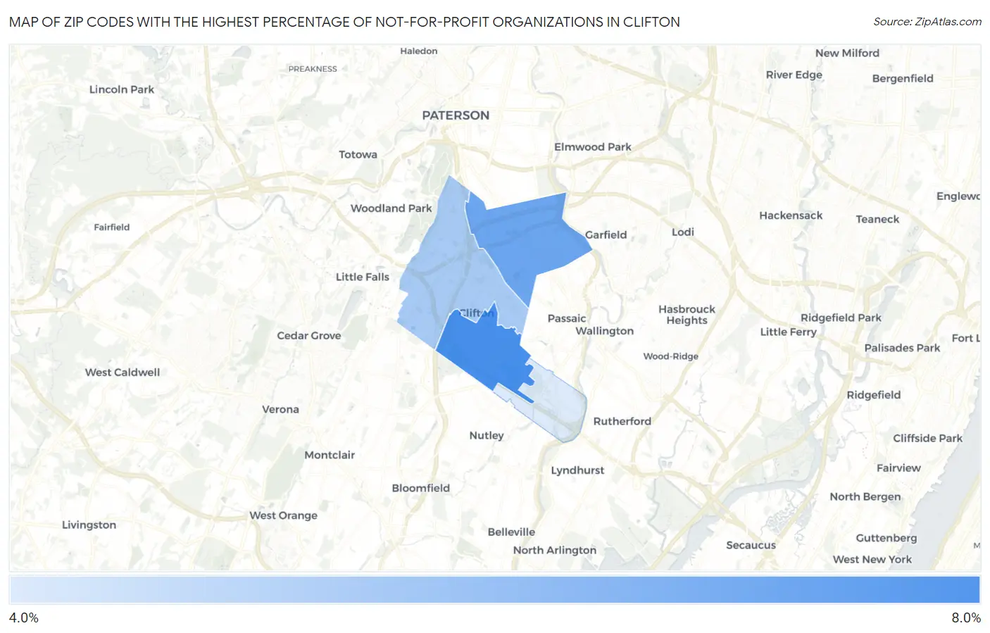 Zip Codes with the Highest Percentage of Not-for-profit Organizations in Clifton Map