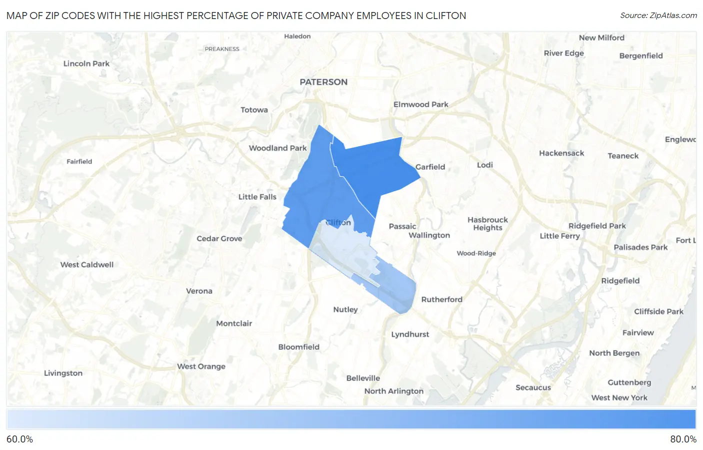 Zip Codes with the Highest Percentage of Private Company Employees in Clifton Map