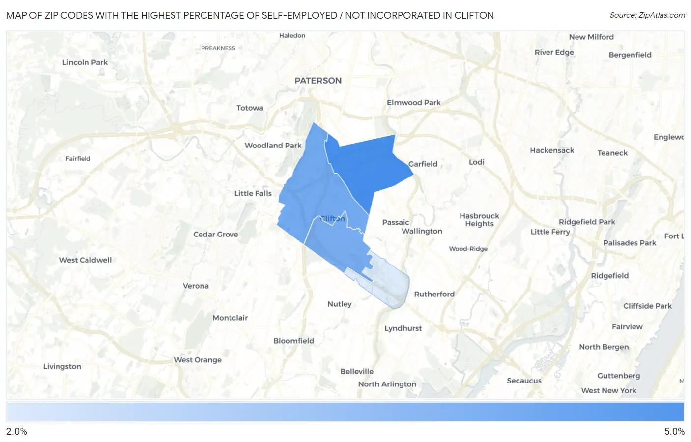 Zip Codes with the Highest Percentage of Self-Employed / Not Incorporated in Clifton Map