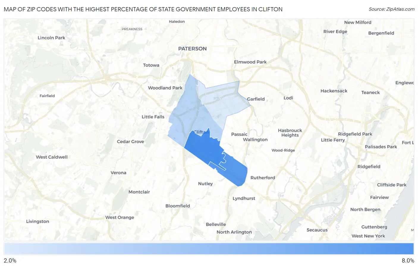 Zip Codes with the Highest Percentage of State Government Employees in Clifton Map