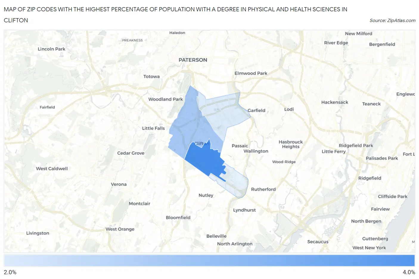 Zip Codes with the Highest Percentage of Population with a Degree in Physical and Health Sciences in Clifton Map