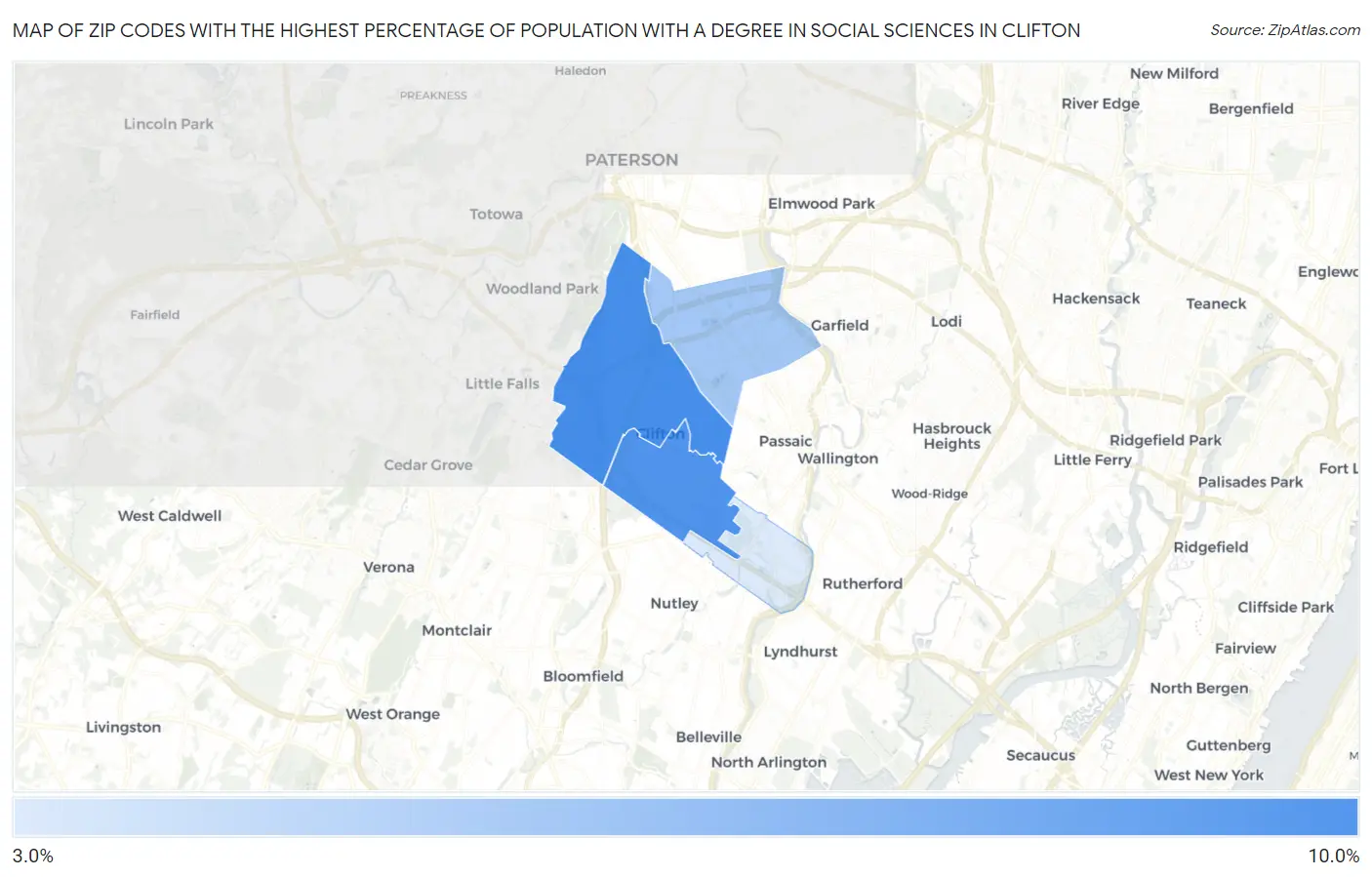 Zip Codes with the Highest Percentage of Population with a Degree in Social Sciences in Clifton Map