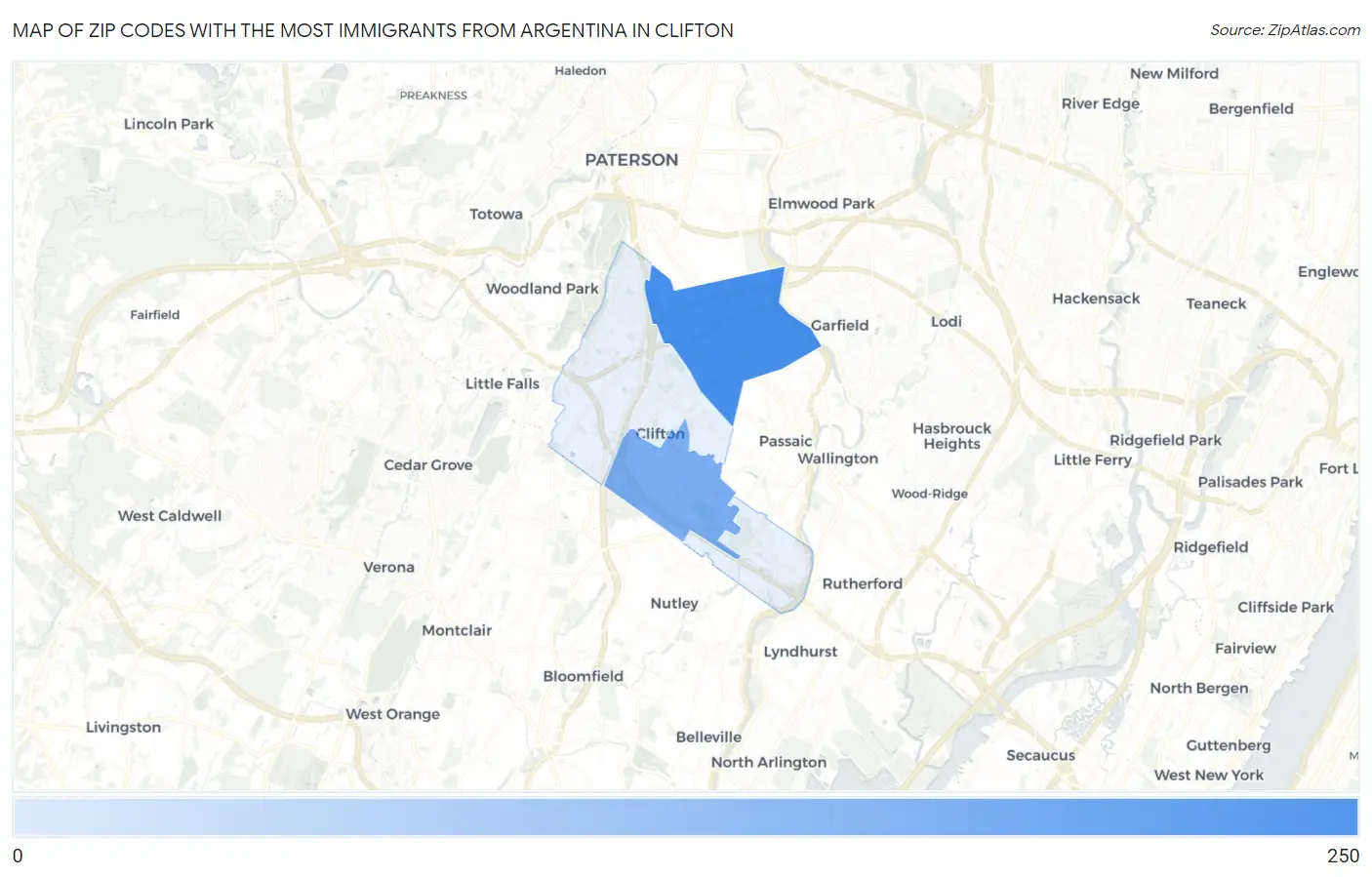 Zip Codes with the Most Immigrants from Argentina in Clifton Map