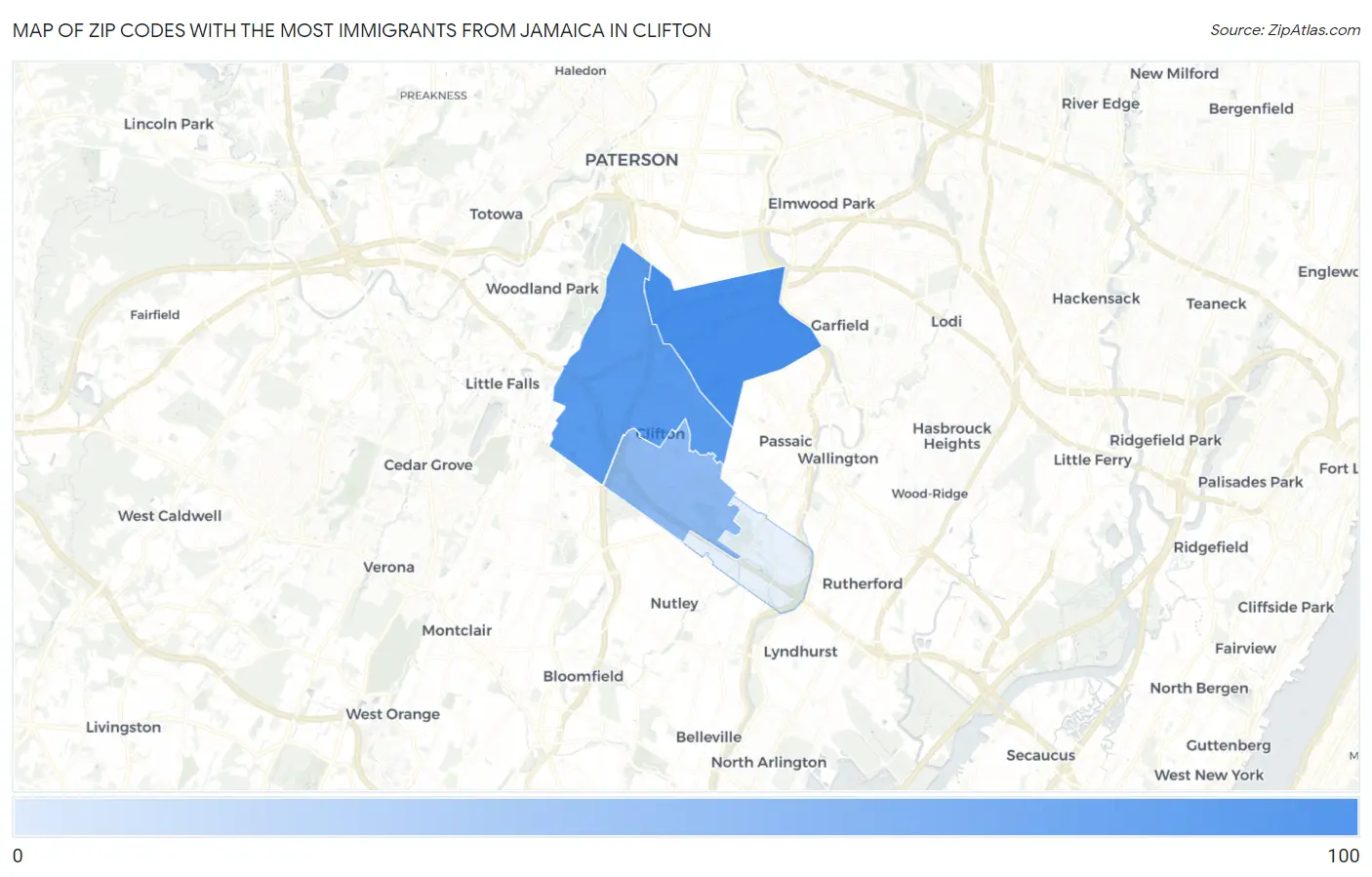 Zip Codes with the Most Immigrants from Jamaica in Clifton Map