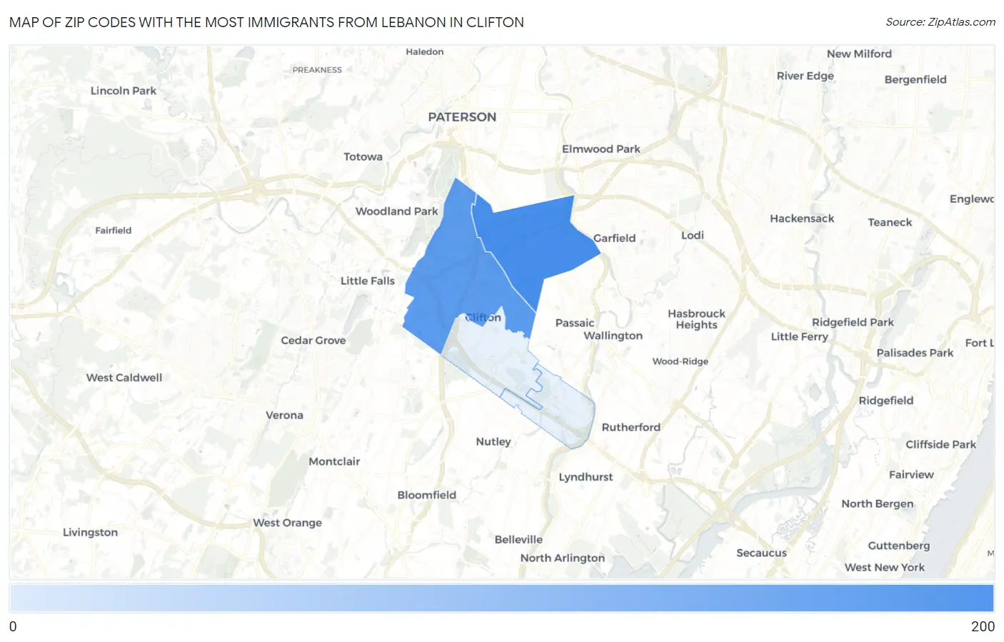 Zip Codes with the Most Immigrants from Lebanon in Clifton Map