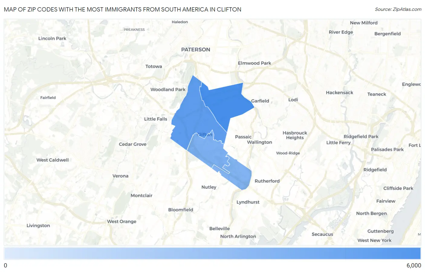 Zip Codes with the Most Immigrants from South America in Clifton Map