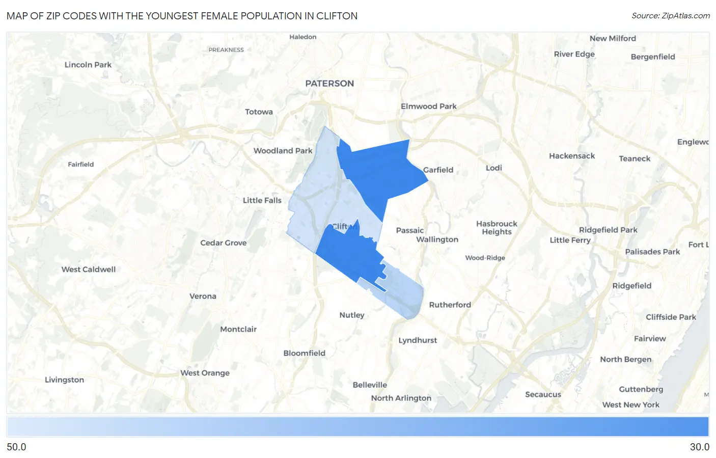 Zip Codes with the Youngest Female Population in Clifton Map